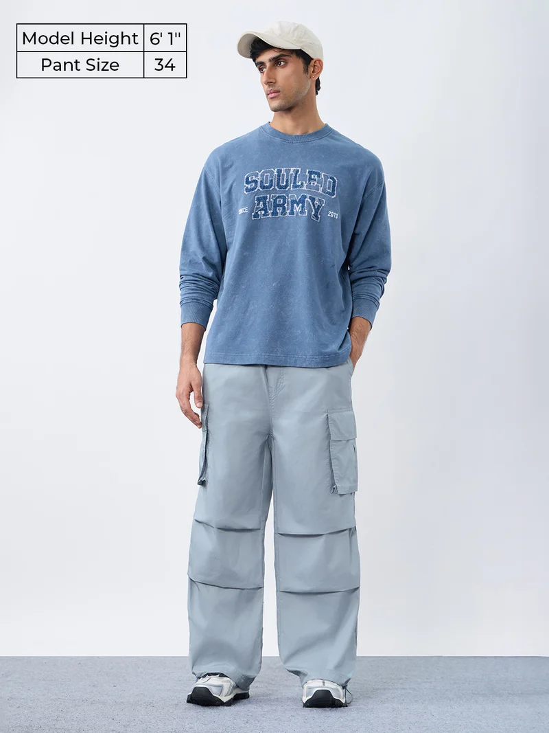 The Souled Store  Essential Drop: Parachute Men and Boys Drawstring Waist Solid Cotton Loose Fit Lightweight Adjustable Hem Utility Cargo Pants  | Best Price UAE