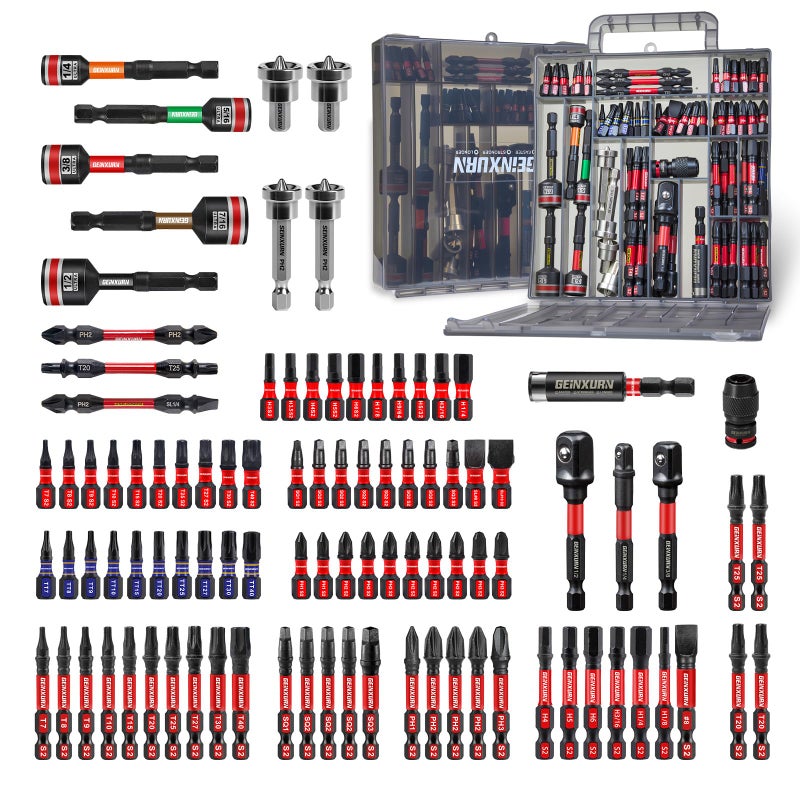 Geinxurn 98Pieces 1â€/2â€ Impact Screwdriver Bits Set, Magnetic S2 Steel (Phillips/Slotted/Square/Torx/Hex/Security Torx) Driver Bits Tips,Impact Bit Holder and Nut Driver with Grey Storage Box Case - Image 1