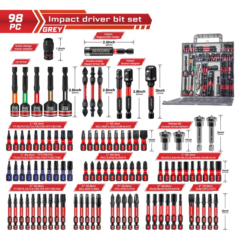 Geinxurn 98Pieces 1â€/2â€ Impact Screwdriver Bits Set, Magnetic S2 Steel (Phillips/Slotted/Square/Torx/Hex/Security Torx) Driver Bits Tips,Impact Bit Holder and Nut Driver with Grey Storage Box Case - Image 2
