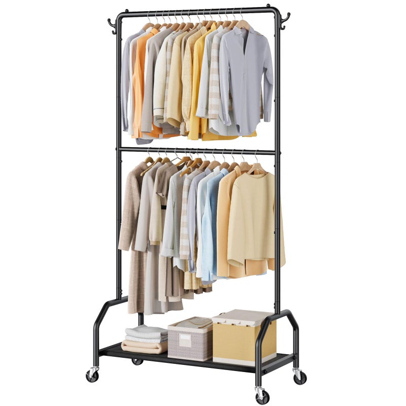 Wiracks Clothes Rack Double Hanging Clothes Rack Clothing Rack Garment Rack 130LBS Capacity 34.5" W X15.8 D X 79" H Rolling Clothes Racks for Hanging Cothes with Bottom Shelf - Image 1