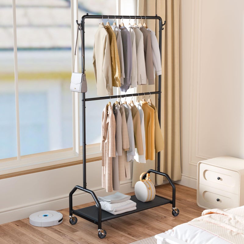 Wiracks Clothes Rack Double Hanging Clothes Rack Clothing Rack Garment Rack 130LBS Capacity 34.5" W X15.8 D X 79" H Rolling Clothes Racks for Hanging Cothes with Bottom Shelf - Image 3