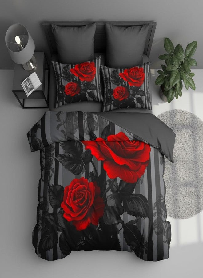 CCoutueChen Black Red Comforter Set King Size Women Red Rose Bedding Set with Black Grey Stripe Background, Suitable for Gothic Vintage Decor, 2 Pillowcases, 3Piece - Image 1