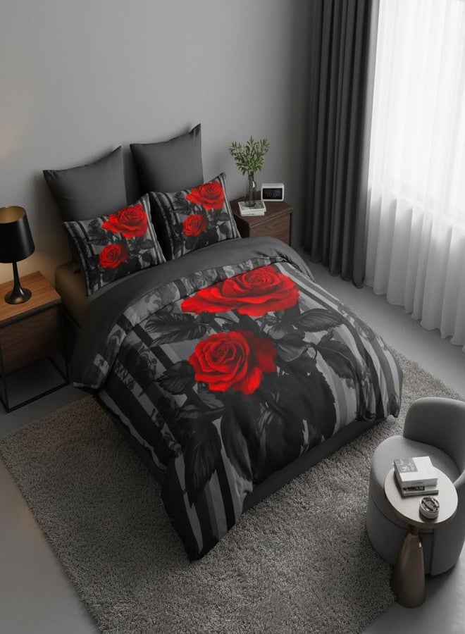 CCoutueChen Black Red Comforter Set King Size Women Red Rose Bedding Set with Black Grey Stripe Background, Suitable for Gothic Vintage Decor, 2 Pillowcases, 3Piece - Image 5