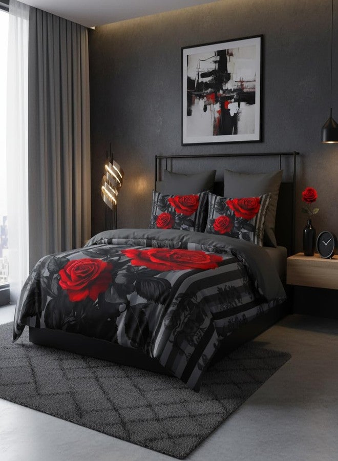 CCoutueChen Black Red Comforter Set King Size Women Red Rose Bedding Set with Black Grey Stripe Background, Suitable for Gothic Vintage Decor, 2 Pillowcases, 3Piece - Image 3