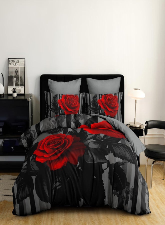 CCoutueChen Black Red Comforter Set King Size Women Red Rose Bedding Set with Black Grey Stripe Background, Suitable for Gothic Vintage Decor, 2 Pillowcases, 3Piece - Image 4