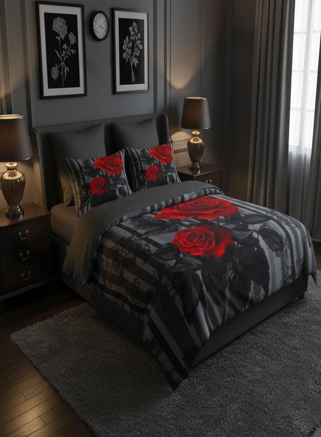 CCoutueChen Black Red Comforter Set King Size Women Red Rose Bedding Set with Black Grey Stripe Background, Suitable for Gothic Vintage Decor, 2 Pillowcases, 3Piece - Image 2