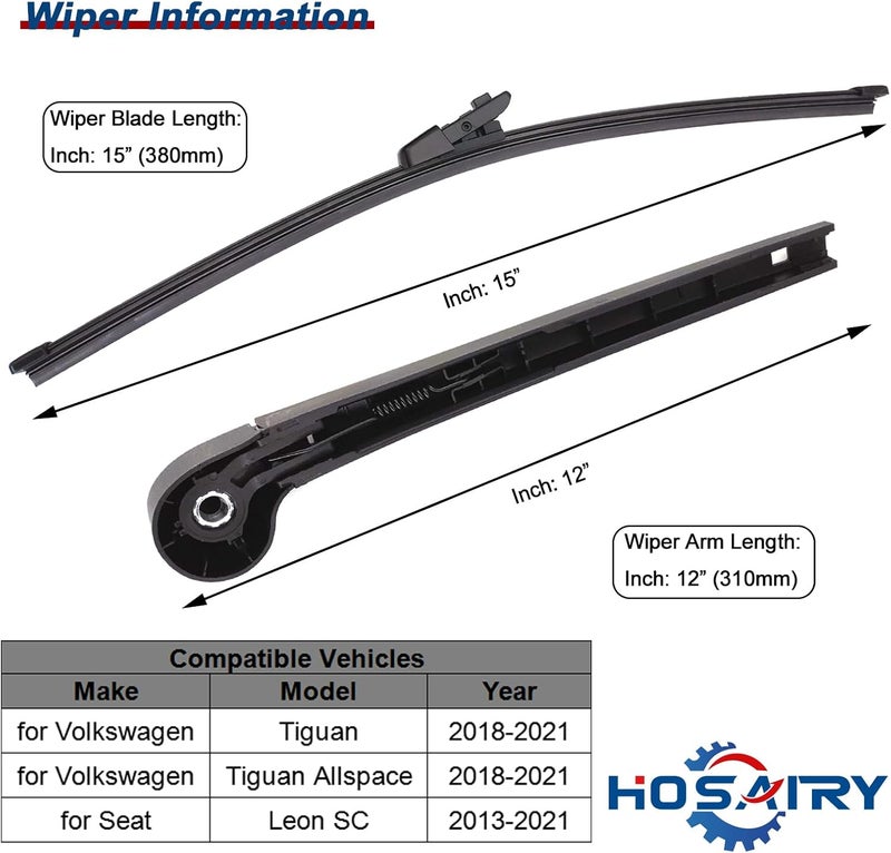 HOSAIRY Rear Wiper Arm Blade Set for Volkswagen Tiguan 2018-2021 - Image 2