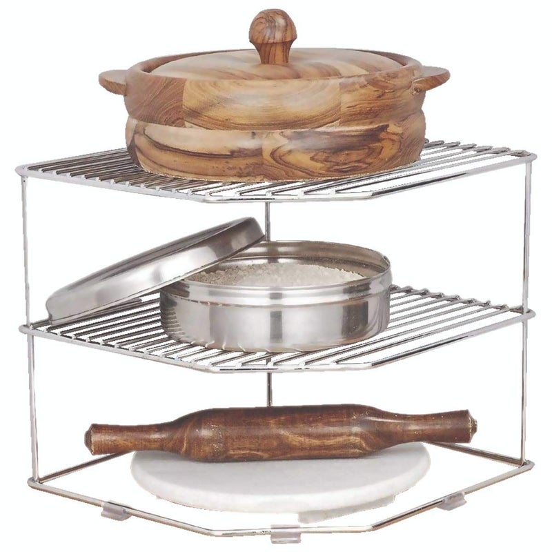 CR18 COLLECTION Multipurpose Stainless Steel 3-Tier Storage Rack for Corners, Multipurpose Stainless Steel Kitchen Plate Dish Corner Shelf Rack Stand Holder - Image 5