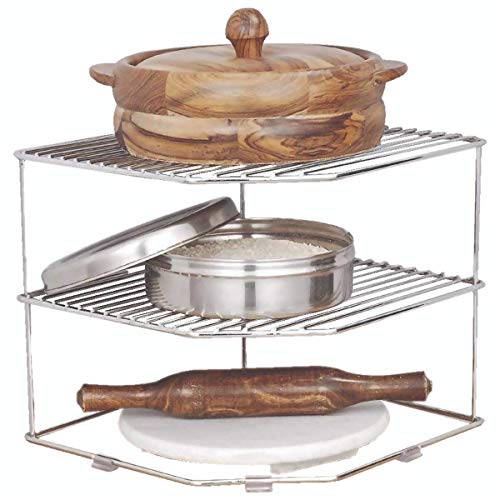 CR18 COLLECTION Multipurpose Stainless Steel 3-Tier Storage Rack for Corners, Multipurpose Stainless Steel Kitchen Plate Dish Corner Shelf Rack Stand Holder - Image 1