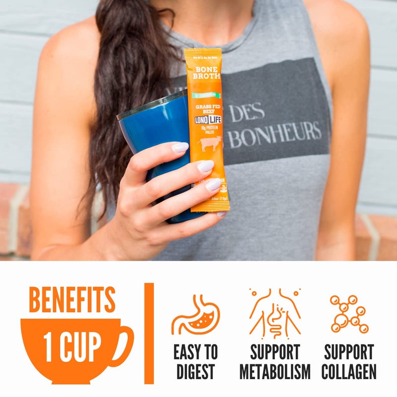 LonoLife Low Sodium Beef Bone Broth Powder Mix | Grass-Fed, 10g Protein | Collagen-Rich, Keto & Paleo Friendly | Natural Ingredients | 10 Portable Stick Pack Servings - Image 5