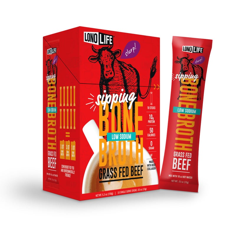 LonoLife Low Sodium Beef Bone Broth Powder Mix | Grass-Fed, 10g Protein | Collagen-Rich, Keto & Paleo Friendly | Natural Ingredients | 10 Portable Stick Pack Servings - Image 1