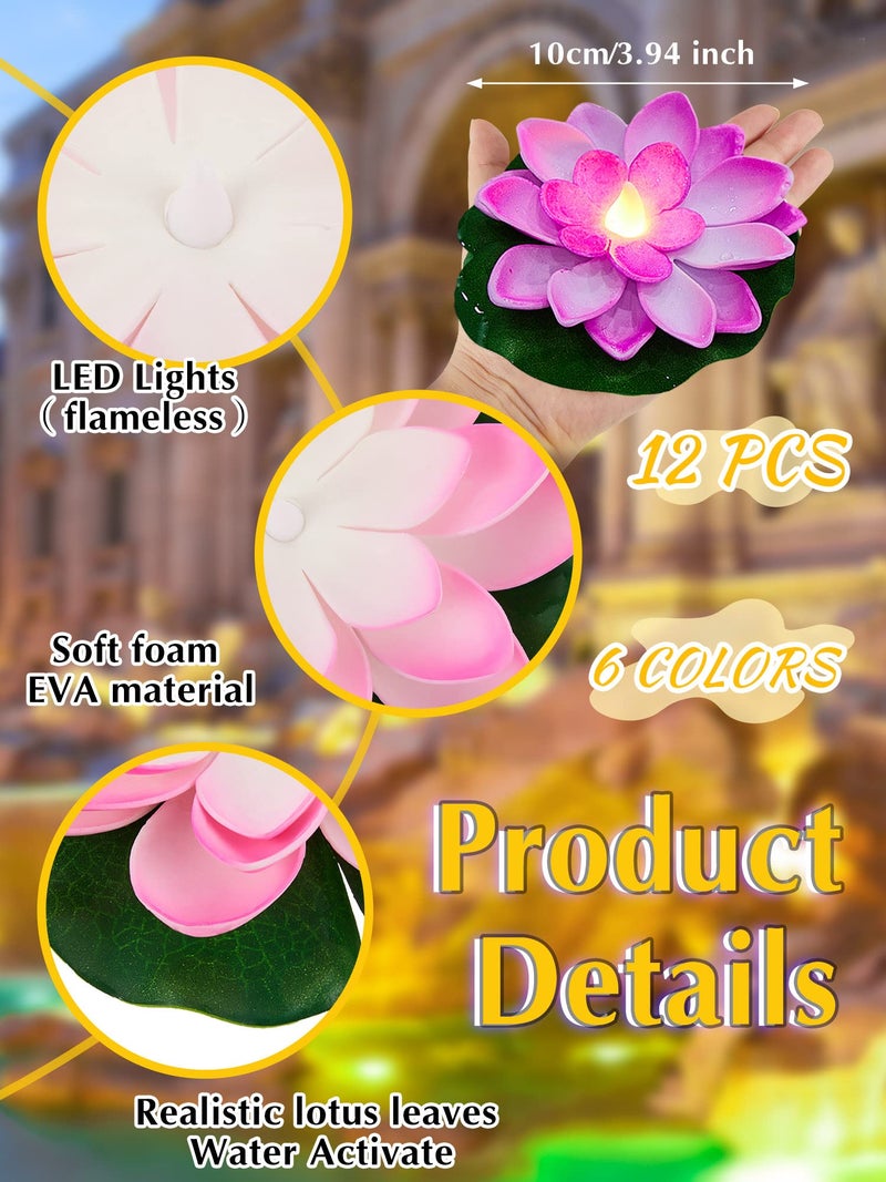 Hortsun 12 Pcs Floating Lotus Lights with Batteries Lily Pads Pool Flowers Floating Candles Decor Artificial Pond Plants Decorations for Pool Pond Outdoor Indoor (Multicolor,3.94 Inch) - Image 2