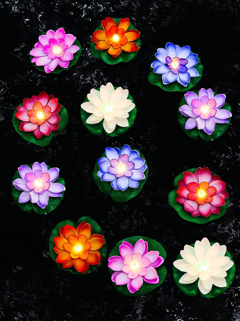 Hortsun 12 Pcs Floating Lotus Lights with Batteries Lily Pads Pool Flowers Floating Candles Decor Artificial Pond Plants Decorations for Pool Pond Outdoor Indoor (Multicolor,3.94 Inch) - Image 1