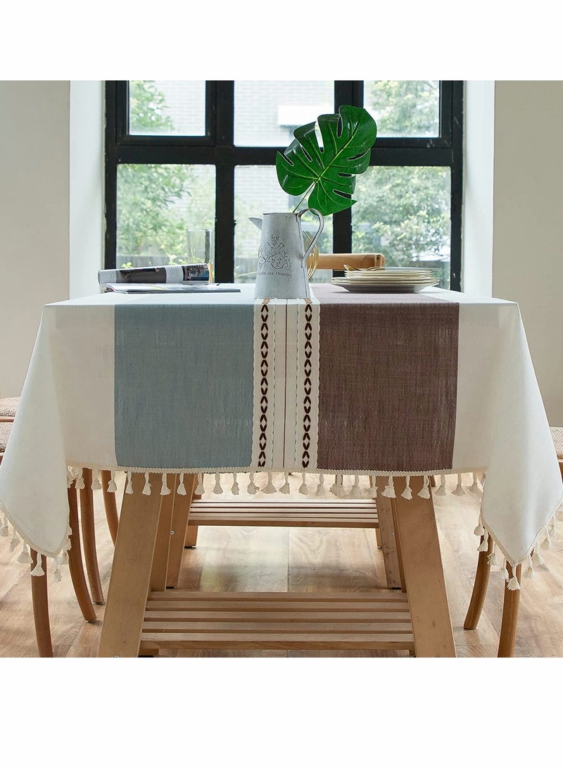 Tablecloth, Rectangular Cotton Linen Washable Table Cloth with Tassel, Table Decoration Cloth for Rectangle Oblong Table, Kitchen, Dining, Tea Table Tabletop Decoration (55 x 71 inch, Blue Brown) - Image 1