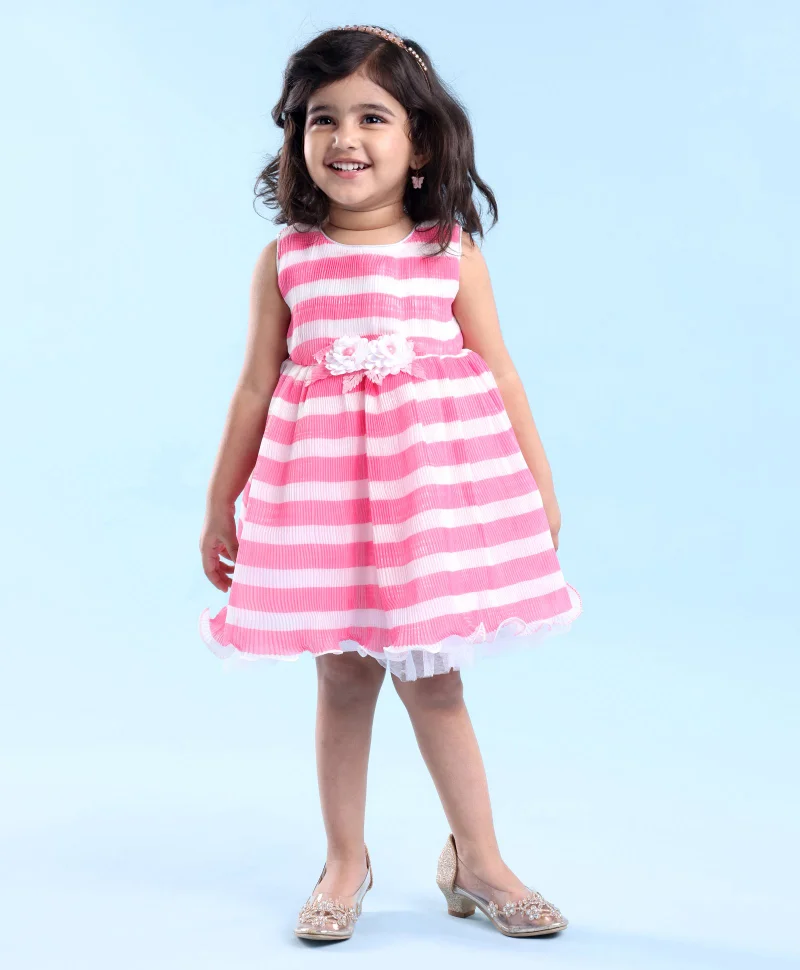 babyhug Babyhug Woven Sleeveless Pleated Satin Party Frock with Floral Applique - White Pink