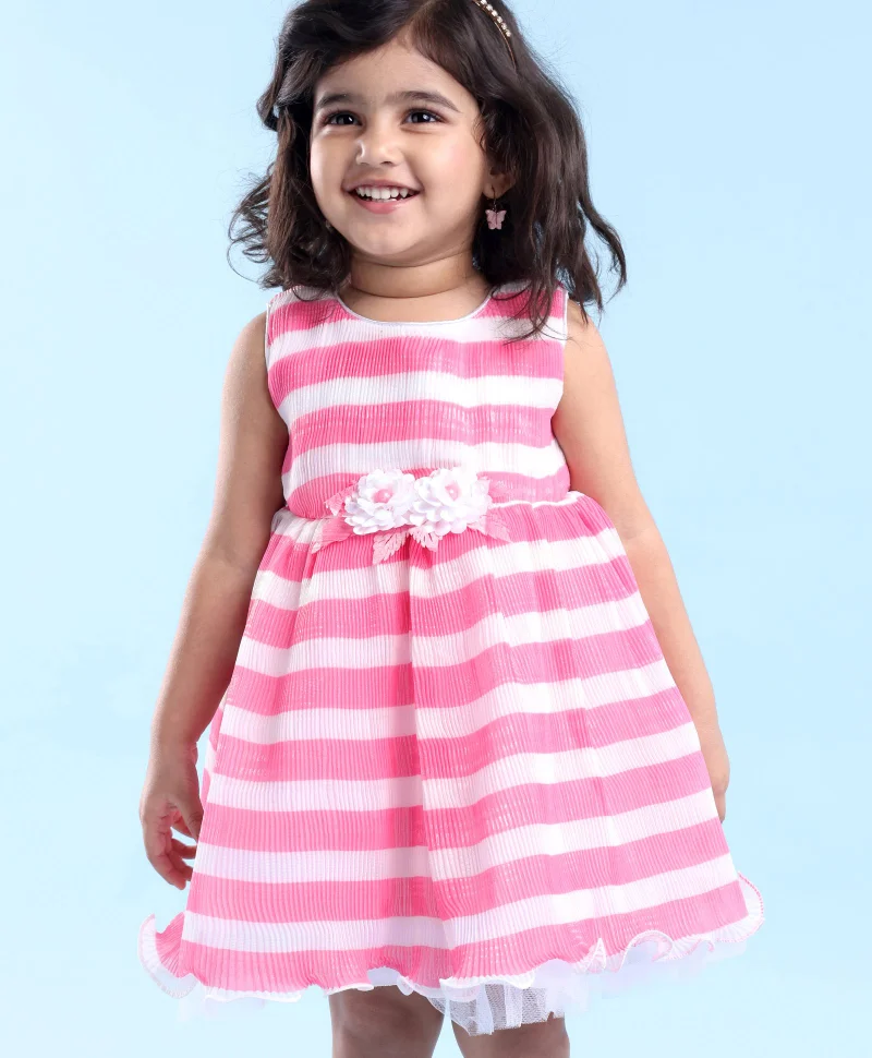 babyhug Babyhug Woven Sleeveless Pleated Satin Party Frock with Floral Applique - White Pink