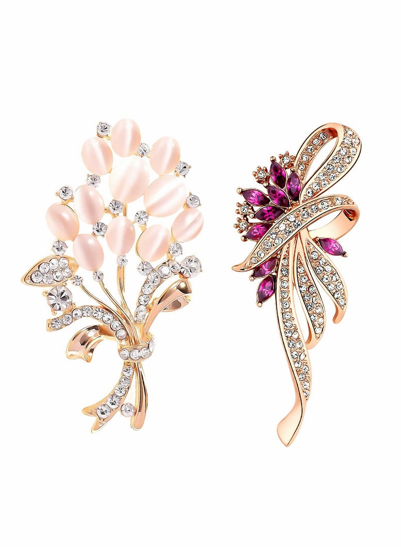 Barakah Brooches for Women, Set of 2 Rhinestone Brooch Pins, Elegant Gold Crystal Floral Wedding Bouquet - Image 1