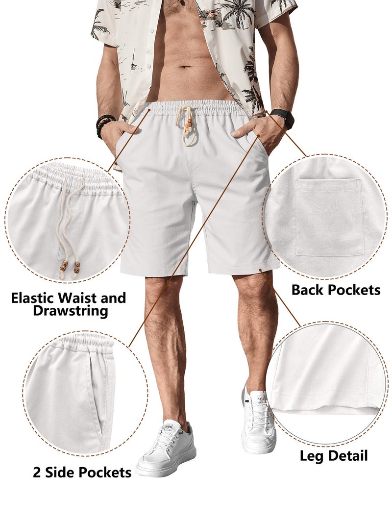 Comdecevis Men's Casual Linen Shorts Elastic Waist Drawstring Summer Beach Shorts, White, X-Large - Image 4