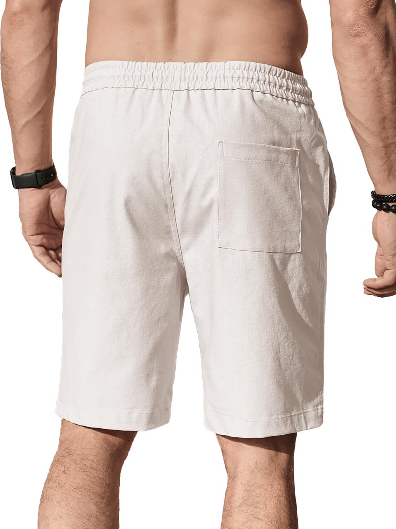 Comdecevis Men's Casual Linen Shorts Elastic Waist Drawstring Summer Beach Shorts, White, X-Large - Image 2