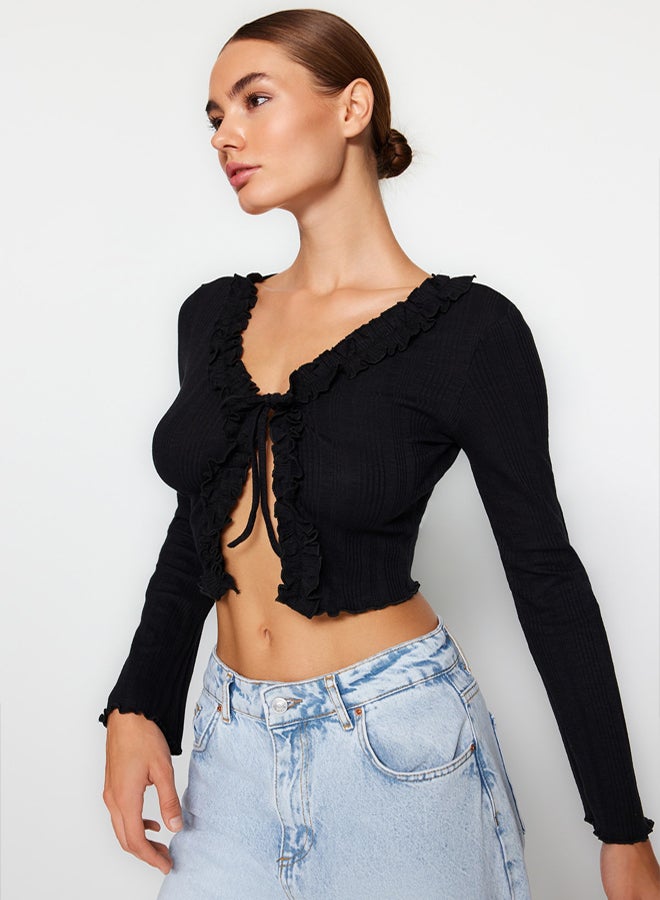 trendyol Black Ruffle Detail Front Tied Ribbed Flexible Crop Knitted Blouse TWOAW24BZ00109 - Image 1