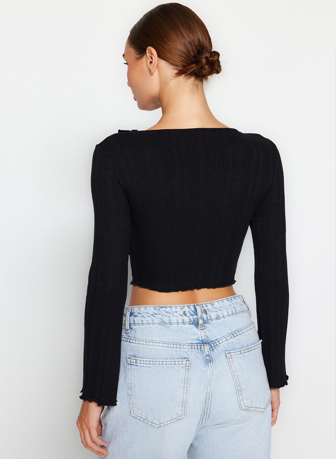 trendyol Black Ruffle Detail Front Tied Ribbed Flexible Crop Knitted Blouse TWOAW24BZ00109 - Image 5