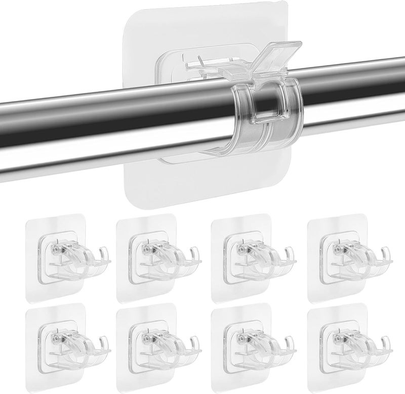 Sociaooil 8PCS No Drill Curtain Rod Brackets, Self Adhesive No Drilling Curtain Rod Holder Hooks Nail Free Adjustable Renter Friendly Transparent Hangers for Bathroom Kitchen Home Bathroom Hotel Apartment - Image 1