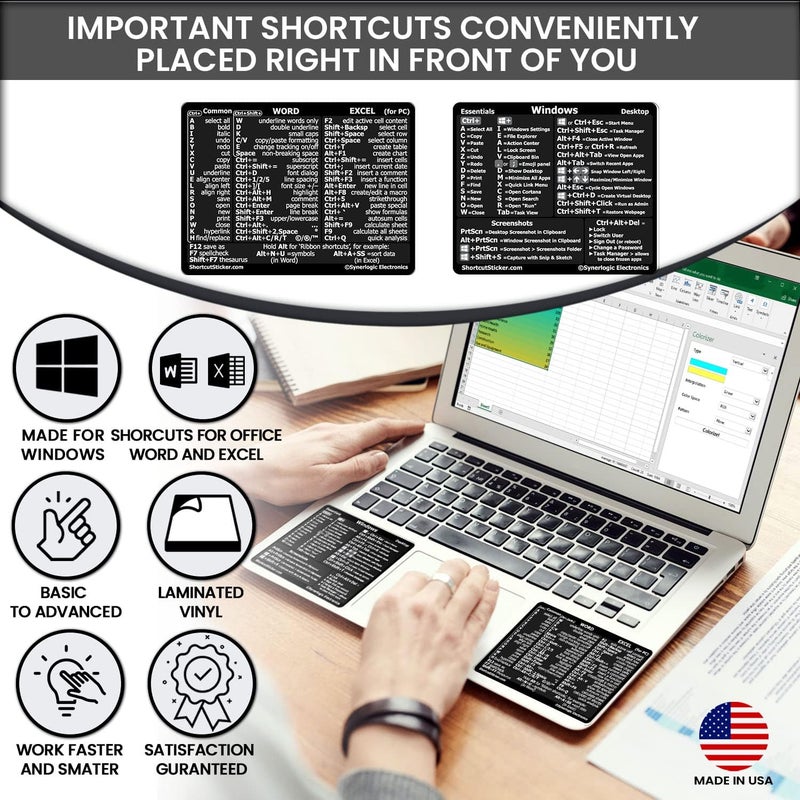 Synerlogic Windows + Word/Excel (for Windows) Quick Reference Guide Keyboard Shortcut Stickers, No-Residue Vinyl (Black/Small/Combo) - Image 2