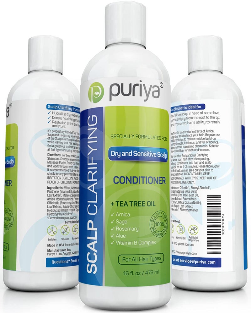 Puriya Sulfate Free Hair Conditioner with Tea Tree Oil, Moisturizing Treatment for Dry, Itchy, Flaky Scalp and Damaged Hair, For Men and Women, 16 Ounce - Image 1