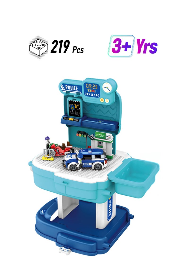 Little Story 219-Piece 2-In-1 Mode Role Play Police Station With Police Car And Block Toy Set School Bag - Blue  - Image 1