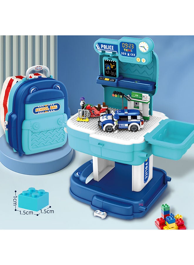 Little Story 219-Piece 2-In-1 Mode Role Play Police Station With Police Car And Block Toy Set School Bag - Blue  - Image 3