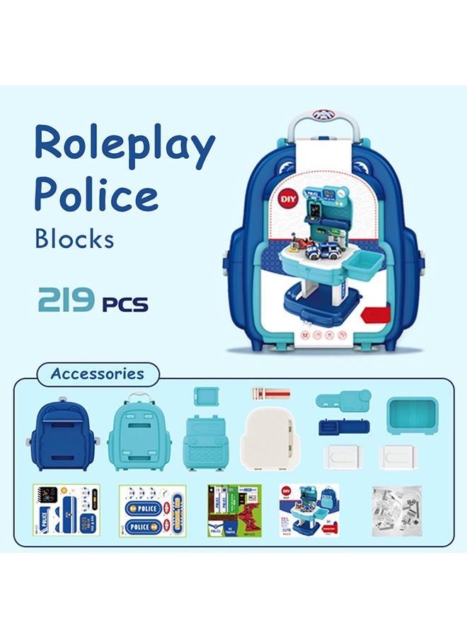 Little Story 219-Piece 2-In-1 Mode Role Play Police Station With Police Car And Block Toy Set School Bag - Blue  - Image 5