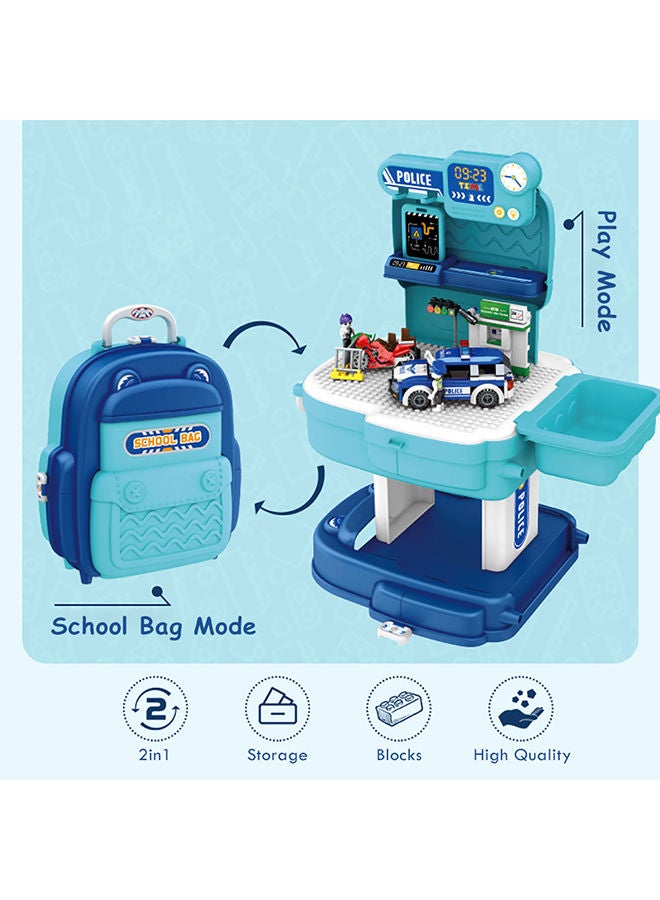 Little Story 219-Piece 2-In-1 Mode Role Play Police Station With Police Car And Block Toy Set School Bag - Blue  - Image 4