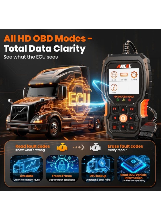 ANCEL Heavy Duty Truck Scanner HD601 All System Diesel Diagnostic Scan Tool fits for Cummins, Detroit, Freightliner, International, Paccar, Check Engine for Truck & Car 2 in 1 Code Reader - Image 3