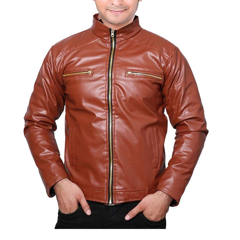 Malvina Men's Faux Leather Zip, Export Quality, Full Sleeves Vegan Unique Design Biker Jacket (Brown, Small) - Image 4