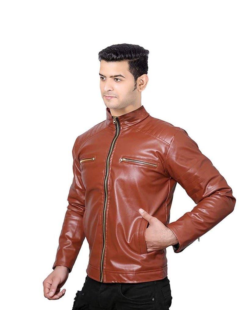Malvina Men's Faux Leather Zip, Export Quality, Full Sleeves Vegan Unique Design Biker Jacket (Brown, Small) - Image 2
