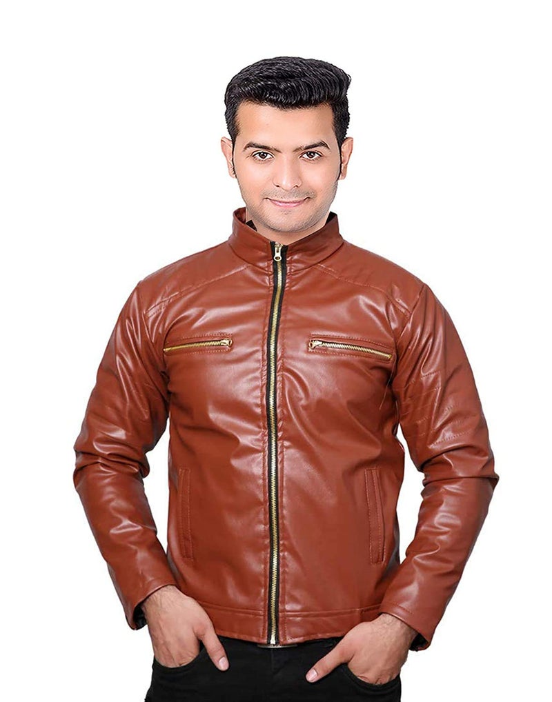 Malvina Men's Faux Leather Zip, Export Quality, Full Sleeves Vegan Unique Design Biker Jacket (Brown, Small) - Image 1