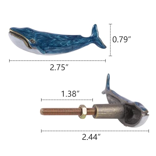 SOFFEE DESIGN Set of 2 Vintage Metal Cabinet Knob Dresser Drawer Pulls with Blue Whale Shape, Distressed Occean Style Closet Handles, Antique Door Knobs with Mounting Screws - Blue - Image 4