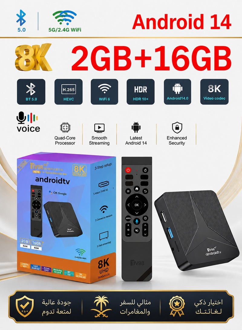 تلفزيون صندوق تلفزيون أندرويد 14.0 ، صندوق تلفزيون أندرويد 2GB ذاكرة الوصول العشوائي 16GB ROM 8K واي فاي ، صندوق تلفزيون أندرويد 2.4G / 5G واي فاي بلوتوث 5.0 USB - Image 1