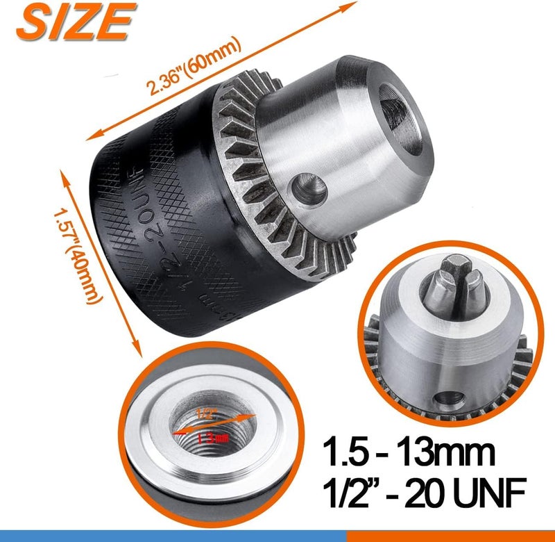 UPTODATETOOLS 1.5-13mm Keyed Drill Chuck Adapter Kit 1/2"-20UNF with SDS-Plus Shank 1/4" Hex Shank 1/2" Socket Square Female Adapter fits Rotary hammer/Impact wrench/Impact Screwdriver - Image 2