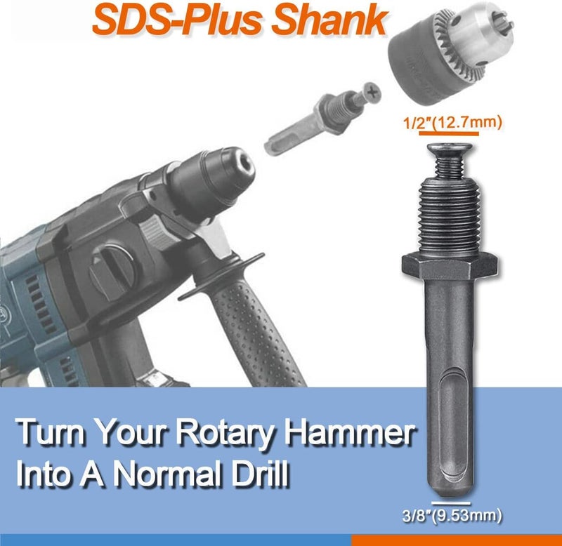 UPTODATETOOLS 1.5-13mm Keyed Drill Chuck Adapter Kit 1/2"-20UNF with SDS-Plus Shank 1/4" Hex Shank 1/2" Socket Square Female Adapter fits Rotary hammer/Impact wrench/Impact Screwdriver - Image 4