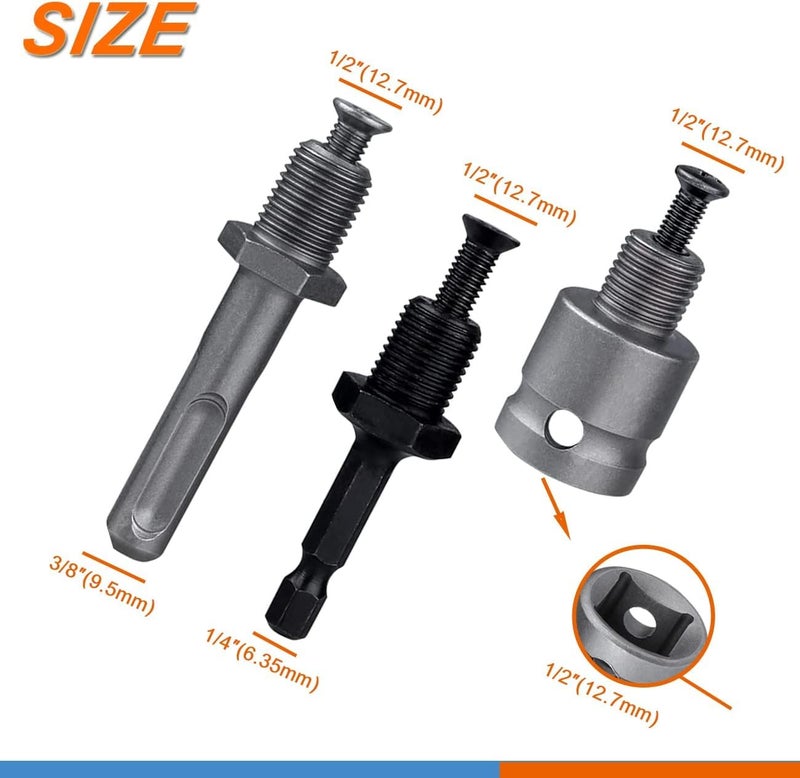 UPTODATETOOLS 1.5-13mm Keyed Drill Chuck Adapter Kit 1/2"-20UNF with SDS-Plus Shank 1/4" Hex Shank 1/2" Socket Square Female Adapter fits Rotary hammer/Impact wrench/Impact Screwdriver - Image 3