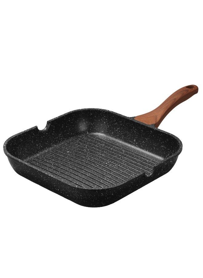 ESLITE LIFE مقلاة جريل غير لاصقة مقاس 24 سم – مقلاة شواء 9.5 بوصة للطهي الصحي من الألمنيوم قاعدة مناسبة للاستخدام على الحث الحراري, طلاء غير لاصق مقاومة للخدش ومتينة, مقبض بتصميم خشبي - Image 2