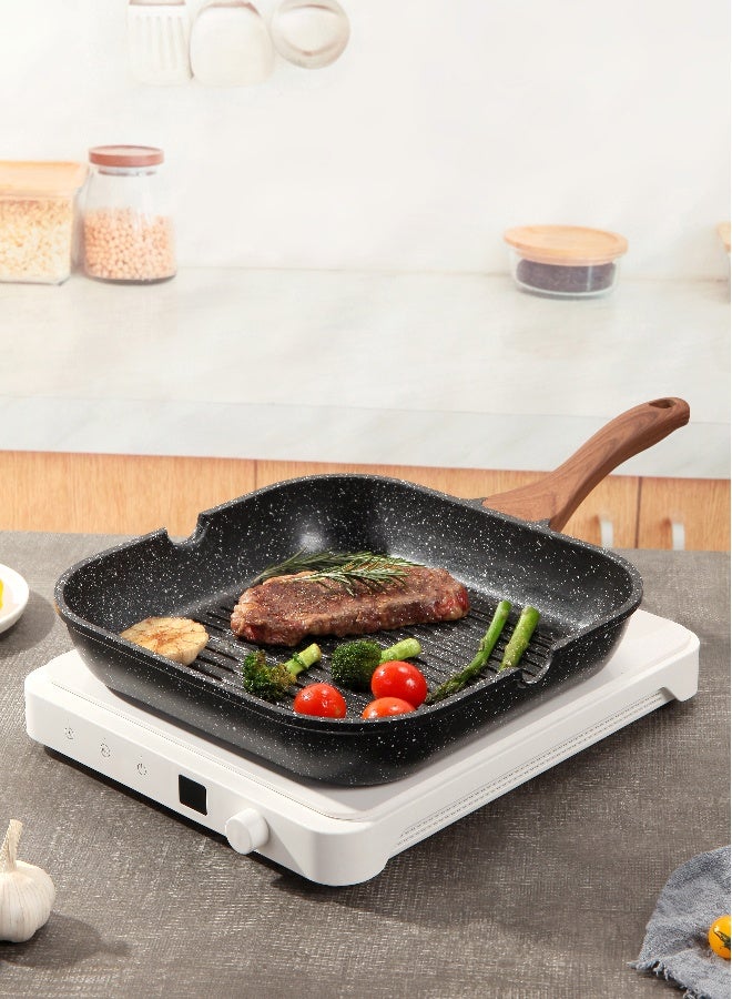 ESLITE LIFE مقلاة جريل غير لاصقة مقاس 24 سم – مقلاة شواء 9.5 بوصة للطهي الصحي من الألمنيوم قاعدة مناسبة للاستخدام على الحث الحراري, طلاء غير لاصق مقاومة للخدش ومتينة, مقبض بتصميم خشبي - Image 1