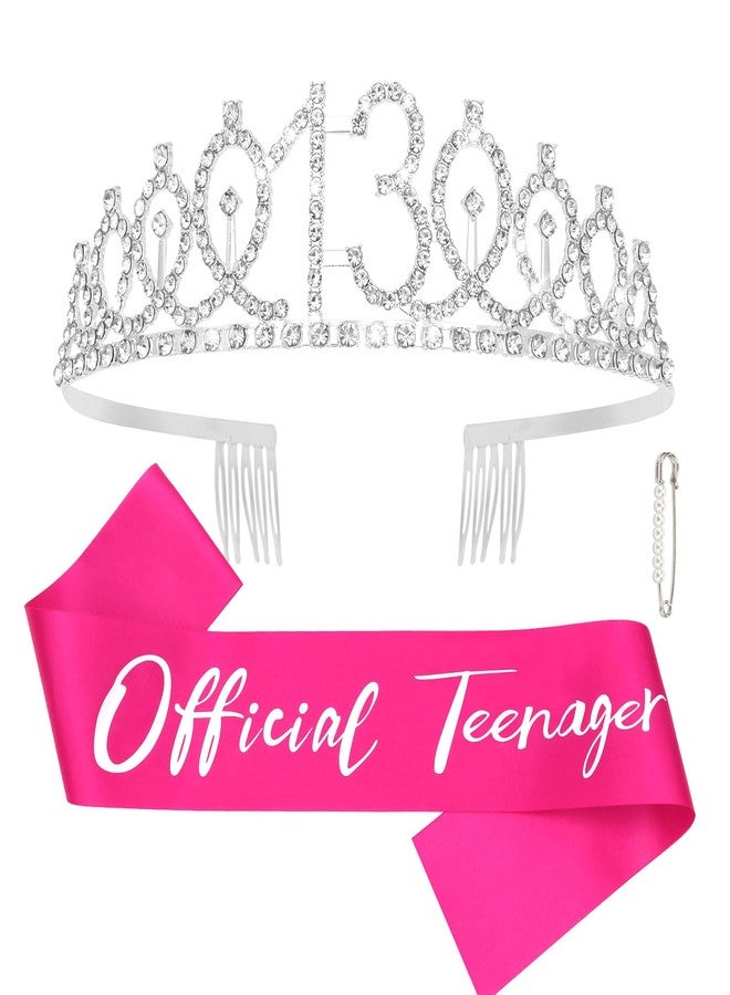 CAVETEE Silver 13th Birthday Crown and Sash Set for Teenagers - Image 1