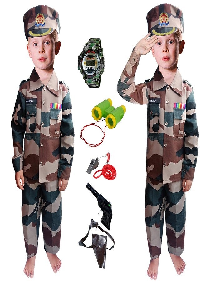 The GrowSome Army Dress for boy| Indian Military costumes for kid| Army Costume for Boys| Soldier Poushak for kids on Fancy Dress (3-4 Years, Indian Soldier dress with telescope) - Image 1