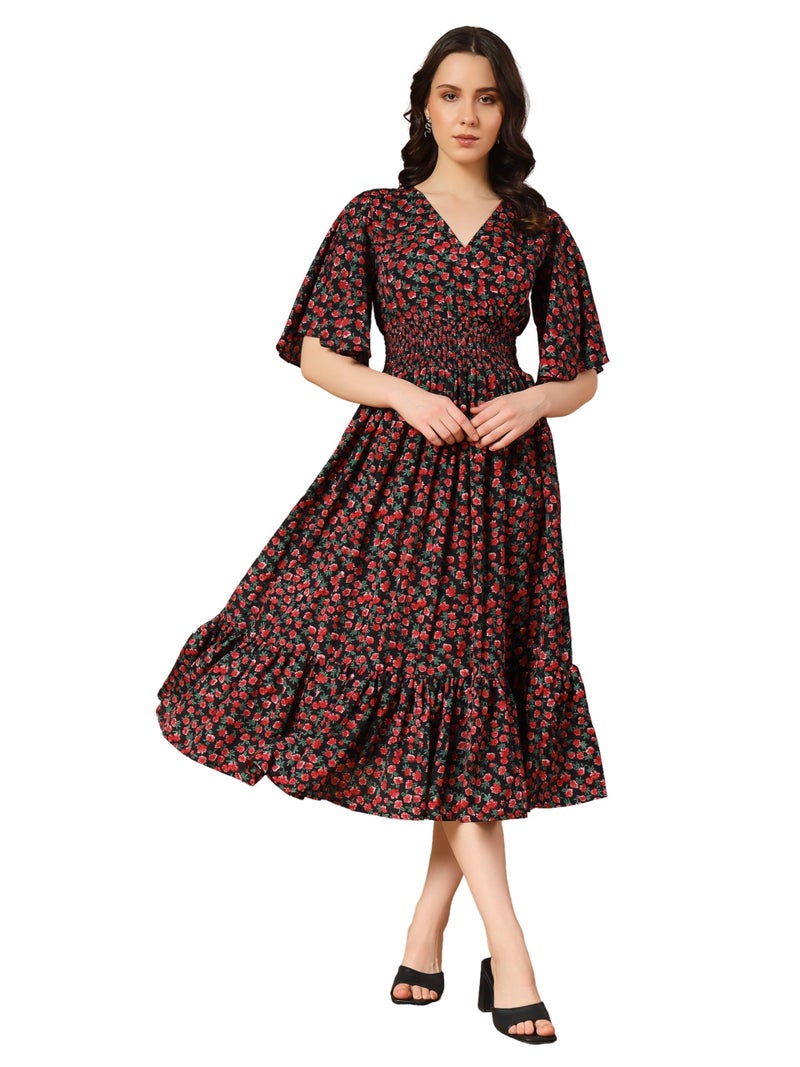 KZULLY | Beautiful Floral Pattern & Flared Sleeve | Print Midi Dress | Eye-Catching Design | Perfect for Casual, Office Flattering Fit and Soft, Comfortable Fabric - Image 5