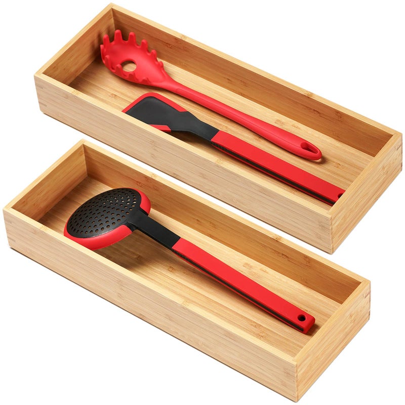 Umilife Bamboo Kitchen Utensils Organizer, Extra Long High Silverware Drawer Holder, Flatware Cutlery Storage Box, Multi-Use Drawer Divider in Office, Bathroom, Pantry - 17"x6"x2.5" (Set of 2) - Image 1
