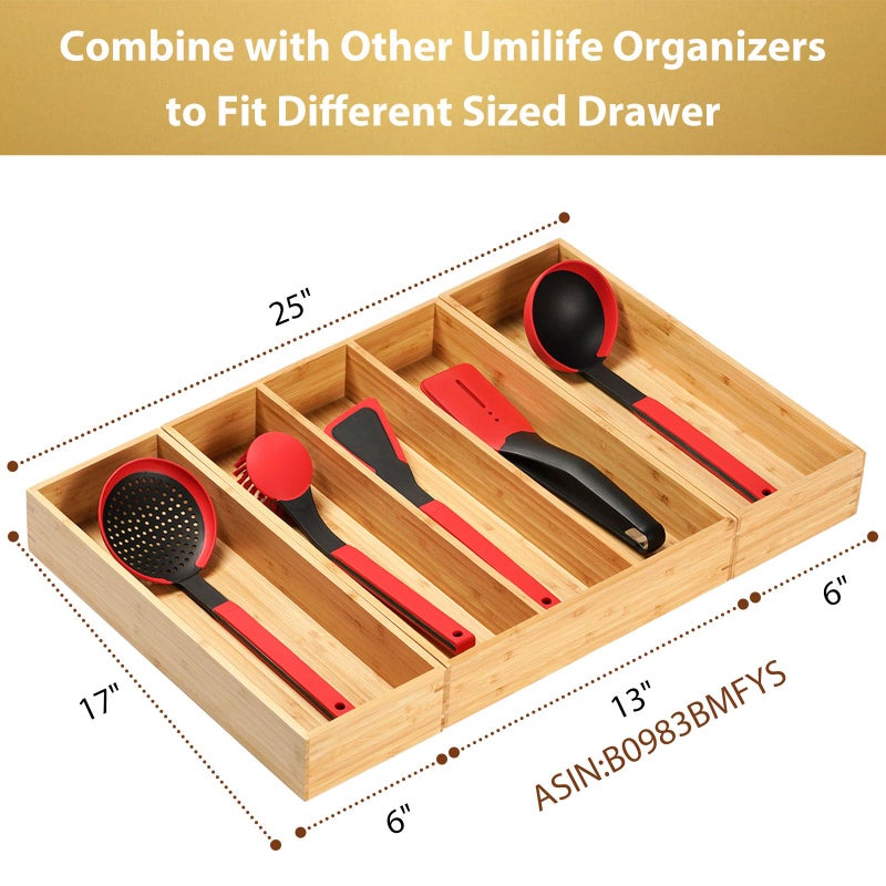 Umilife Bamboo Kitchen Utensils Organizer, Extra Long High Silverware Drawer Holder, Flatware Cutlery Storage Box, Multi-Use Drawer Divider in Office, Bathroom, Pantry - 17"x6"x2.5" (Set of 2) - Image 4