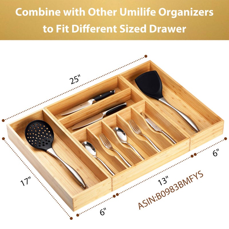 Umilife Bamboo Kitchen Utensils Organizer, Extra Long High Silverware Drawer Holder, Flatware Cutlery Storage Box, Multi-Use Drawer Divider in Office, Bathroom, Pantry - 17"x6"x2.5" (Set of 2) - Image 5