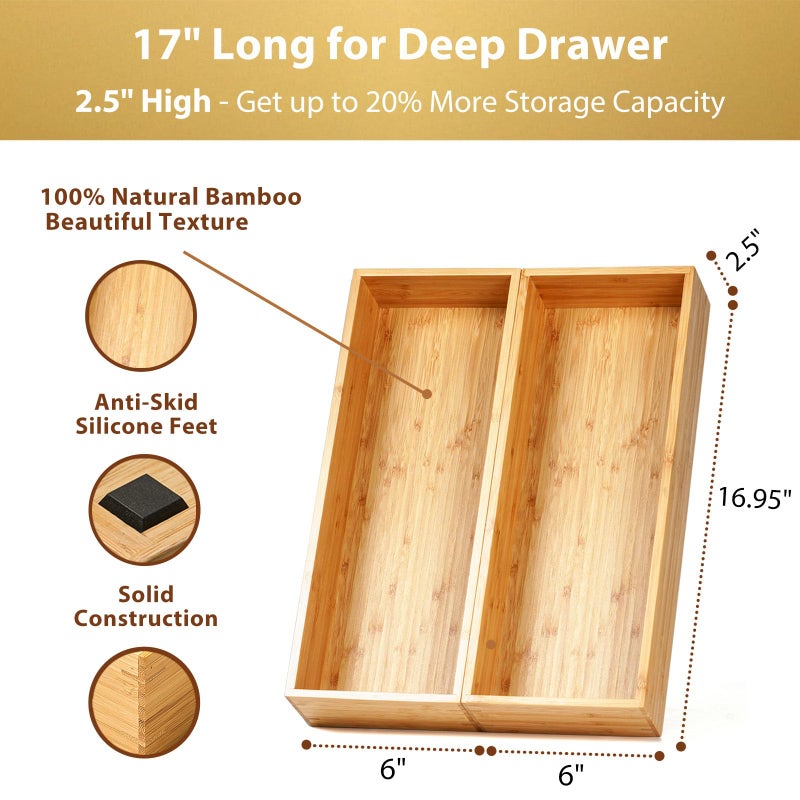 Umilife Bamboo Kitchen Utensils Organizer, Extra Long High Silverware Drawer Holder, Flatware Cutlery Storage Box, Multi-Use Drawer Divider in Office, Bathroom, Pantry - 17"x6"x2.5" (Set of 2) - Image 2